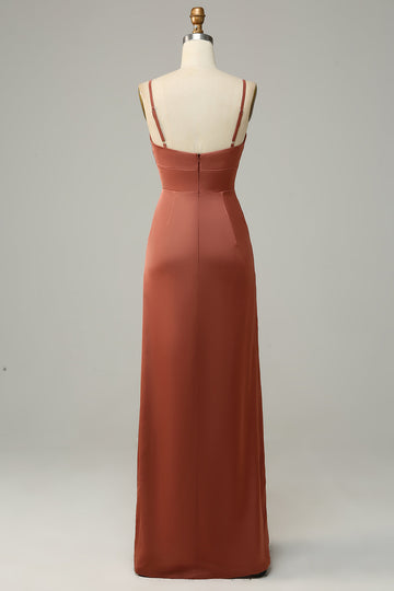 Brick Red Sheath Spaghetti Straps Satin Bridesmaid Dress with Slit